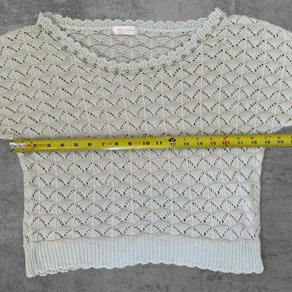 May Pretty Women Mint Cream Pointelle Knit Pearl‎ Rhinestone Trim Sweater Top